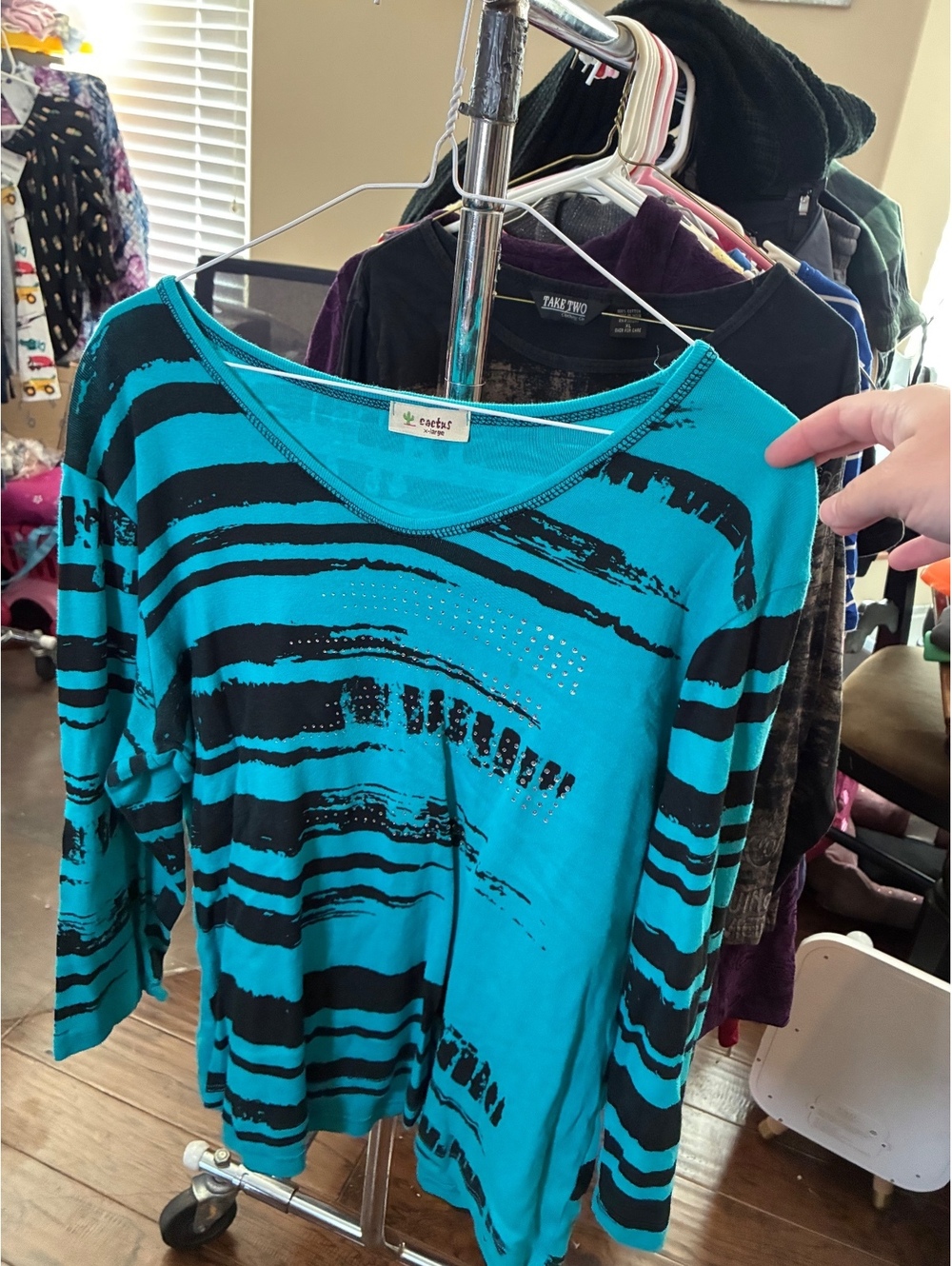 Cactus brand teal and black striped top